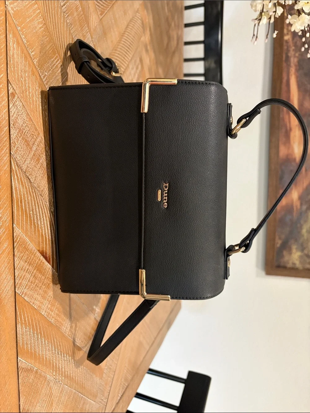 Dune London Black Top-Handle Satchel with Gold Hardware